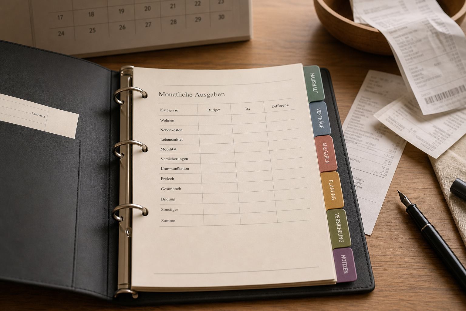 Geöffnete Monatsmappe mit Ausgabentabelle, Belegen, Kalender und Stift auf dem Schreibtisch