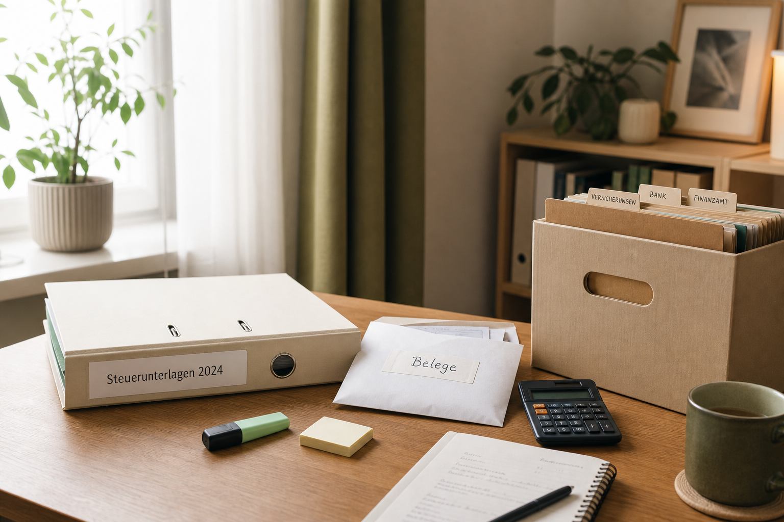 Arbeitsplatz mit Jahresmappe, Markern und Umschlag für Belege